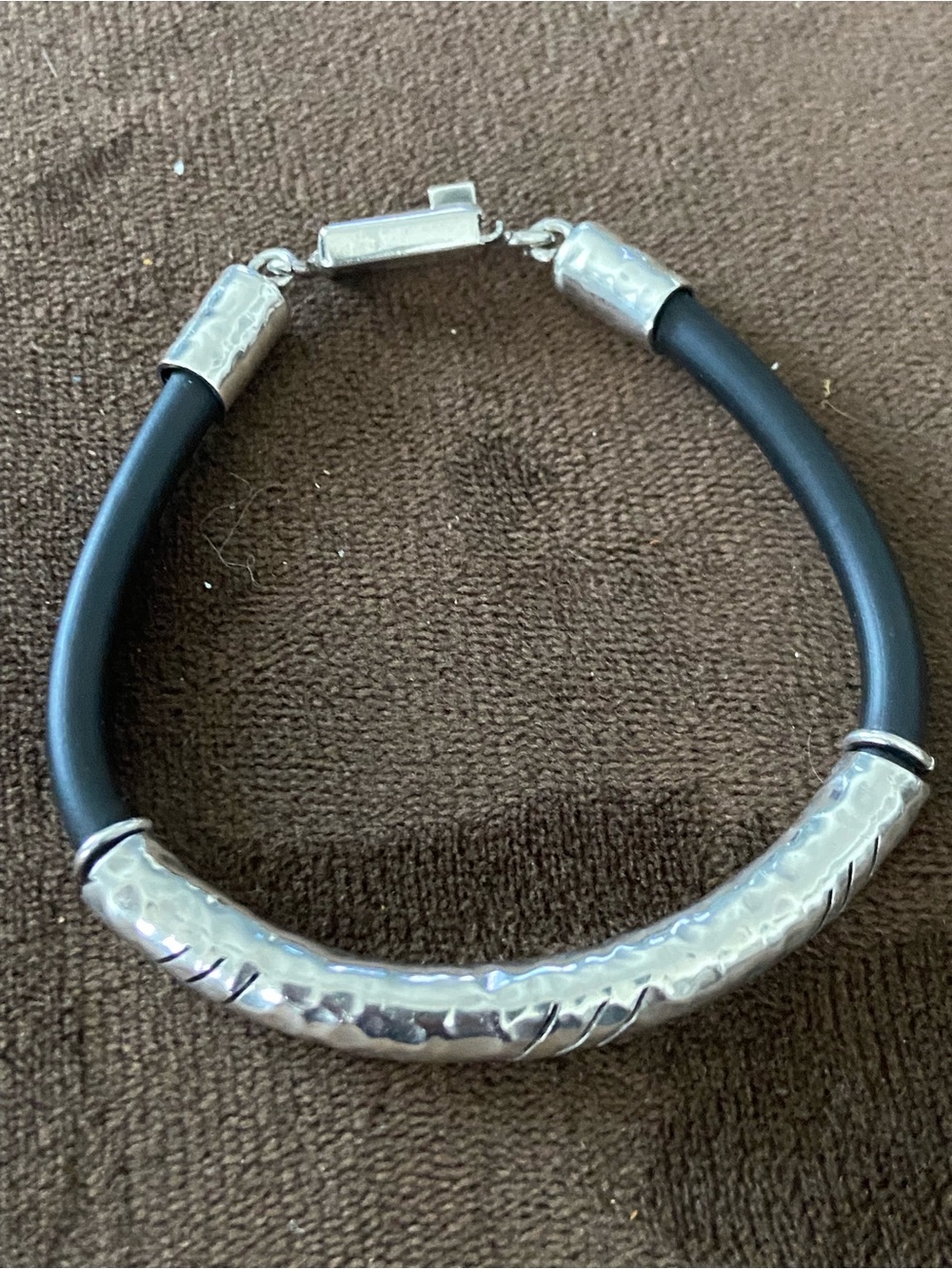 Men's Black Leather and Hammered Silver 925 Trim Bracelet made in Mexico